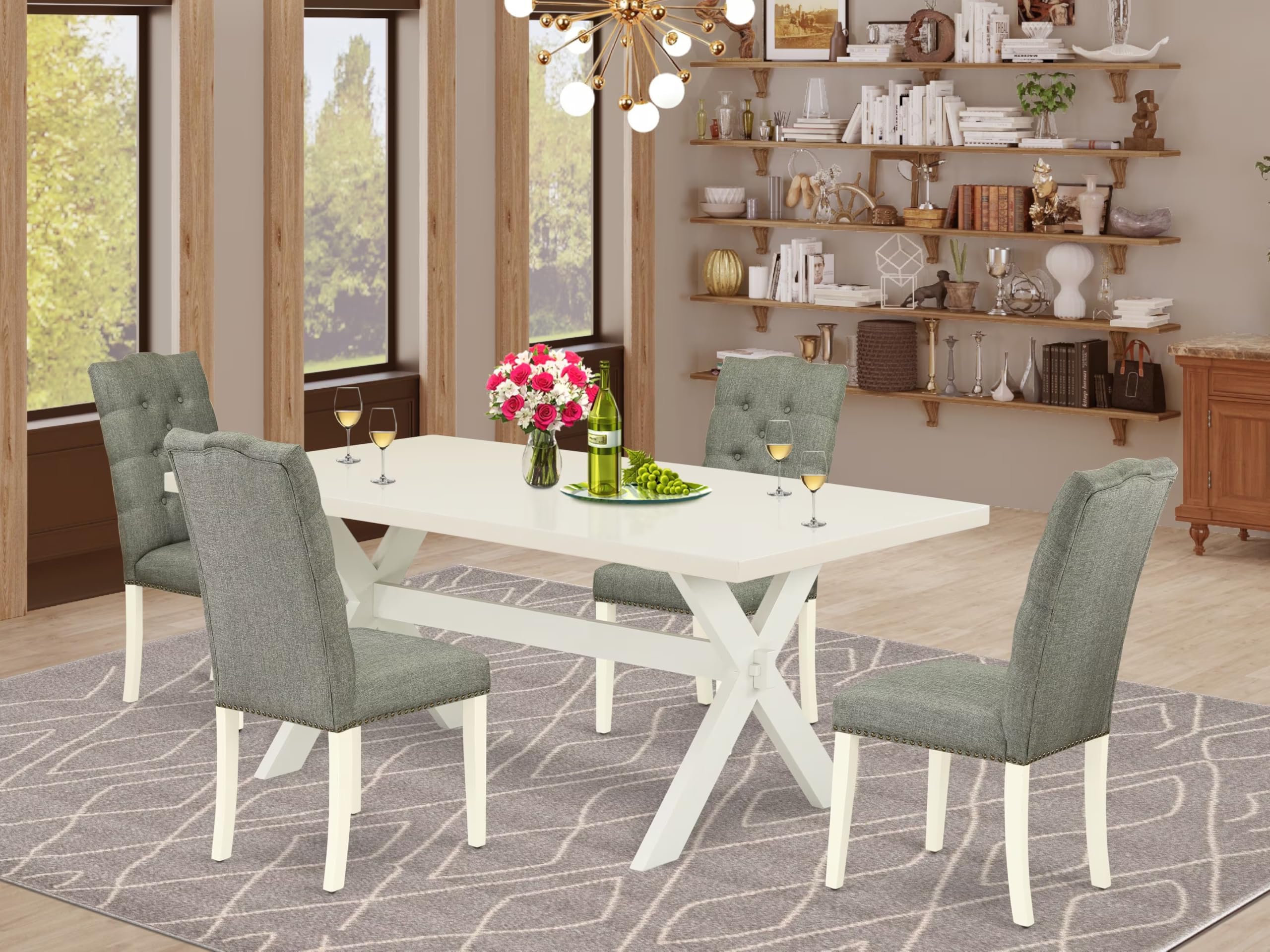 East West Furniture X027El207-5 5 Piece Dining Room Furniture Set Includes A Rectangle Dining Table With X-Legs And 4 Gray Linen Fabric Upholstered Chairs, 40X72 Inch, Multi-Color